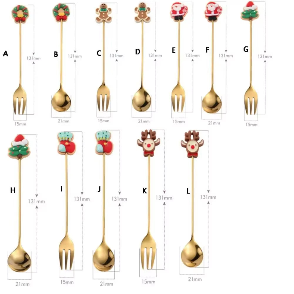 Christmas Spoons Forks Set Stainless Steel Gold Silver Coffee Spoons Cute Elk Christmas Tree Gingerbread Man Salad Dessert Fork