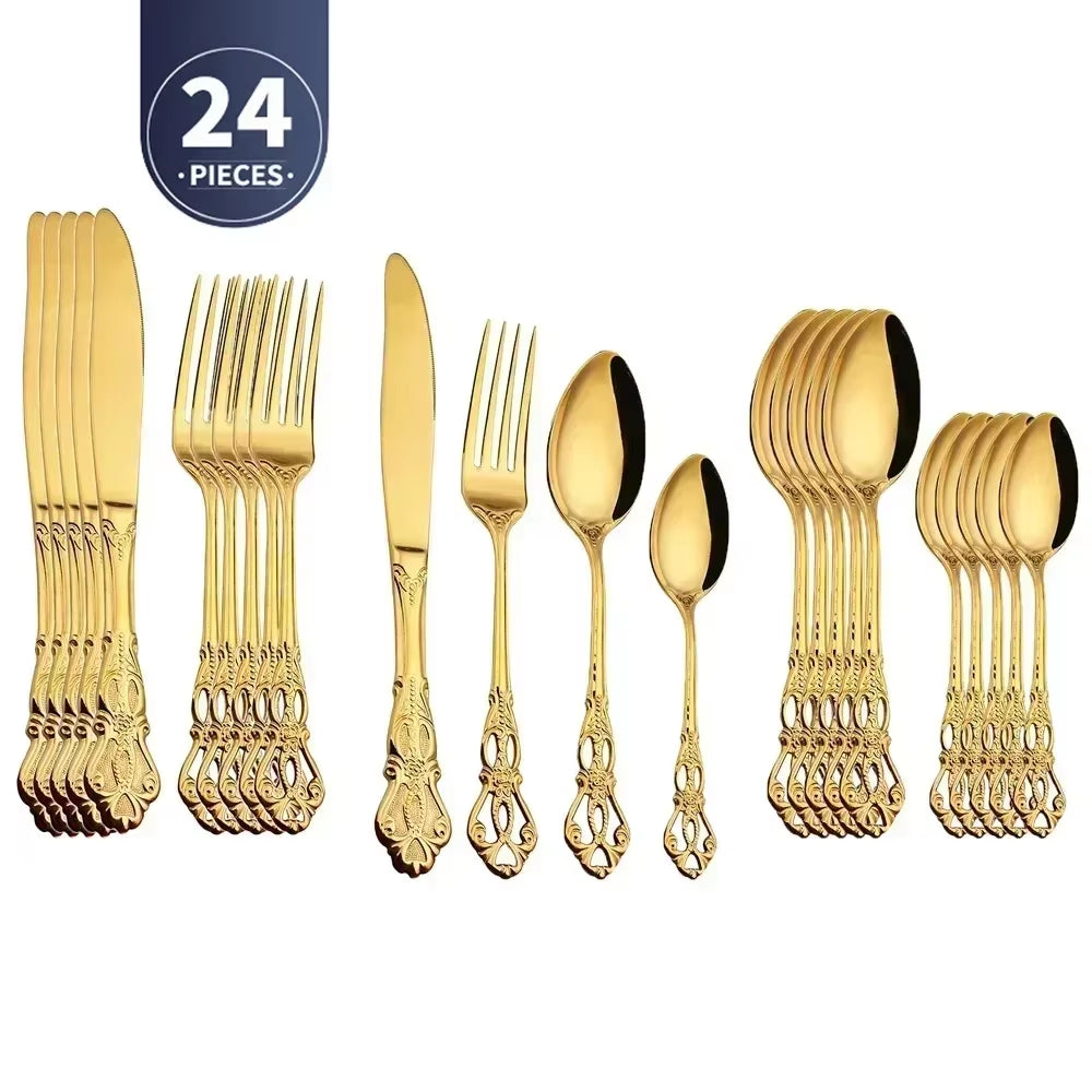 Golden Stainless Steel Cutlery Set Royal European Spoon Fork Complete Tableware Retro Design Dishwasher Safe Elegant Flatware