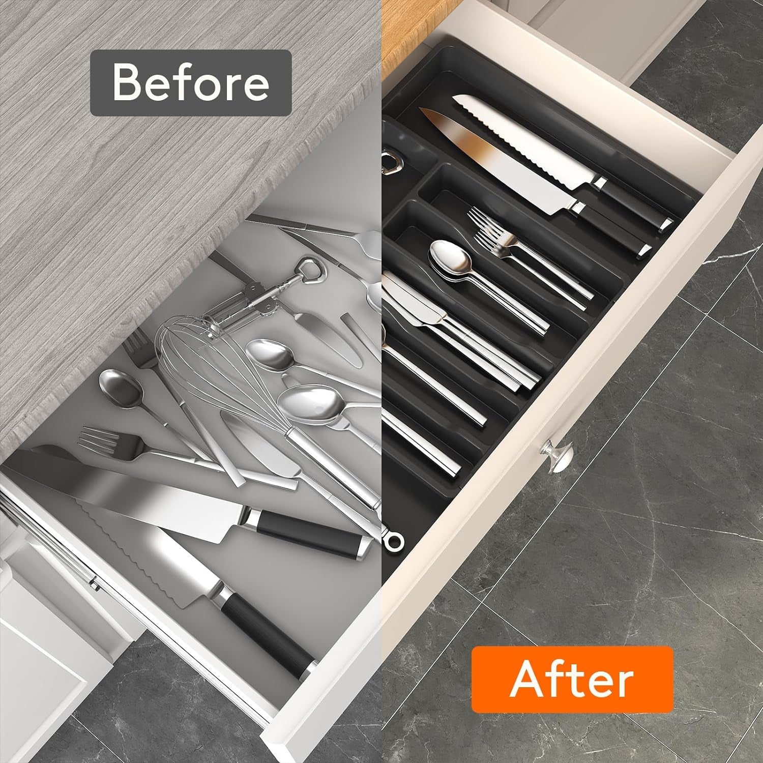 Silverware Drawer Organizer, Expandable Utensil Tray for Kitchen, BPA Free Flatware and Cutlery Holder, Adjustable Plastic Storage for Spoons Forks Knives, Large, Black