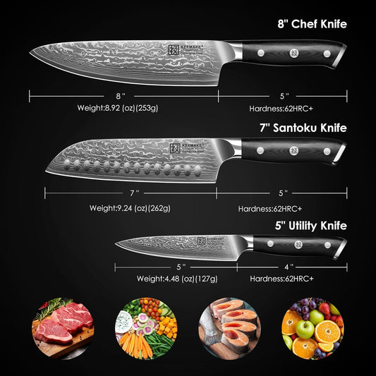 Damascus Knife Set 3 PCS, Razor Sharp Kitchen Knife Set, 67 Layers Damascus Steel Knife, Japanese Chef Knife Set with Full Tang Ergonomic Handle, Kitchen Knives for Meat Vegetable Cutting