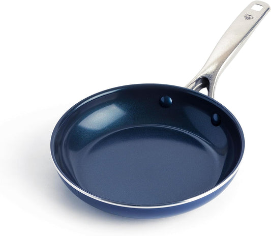 Frying Pan 8” Skillet, Diamond Infused Healthy Ceramic Nonstick, PFAS and Pfoa-Free, Dishwasher and Oven Safe, Even Heating, Metal Utensil Safe, Warp Control Base, Blue