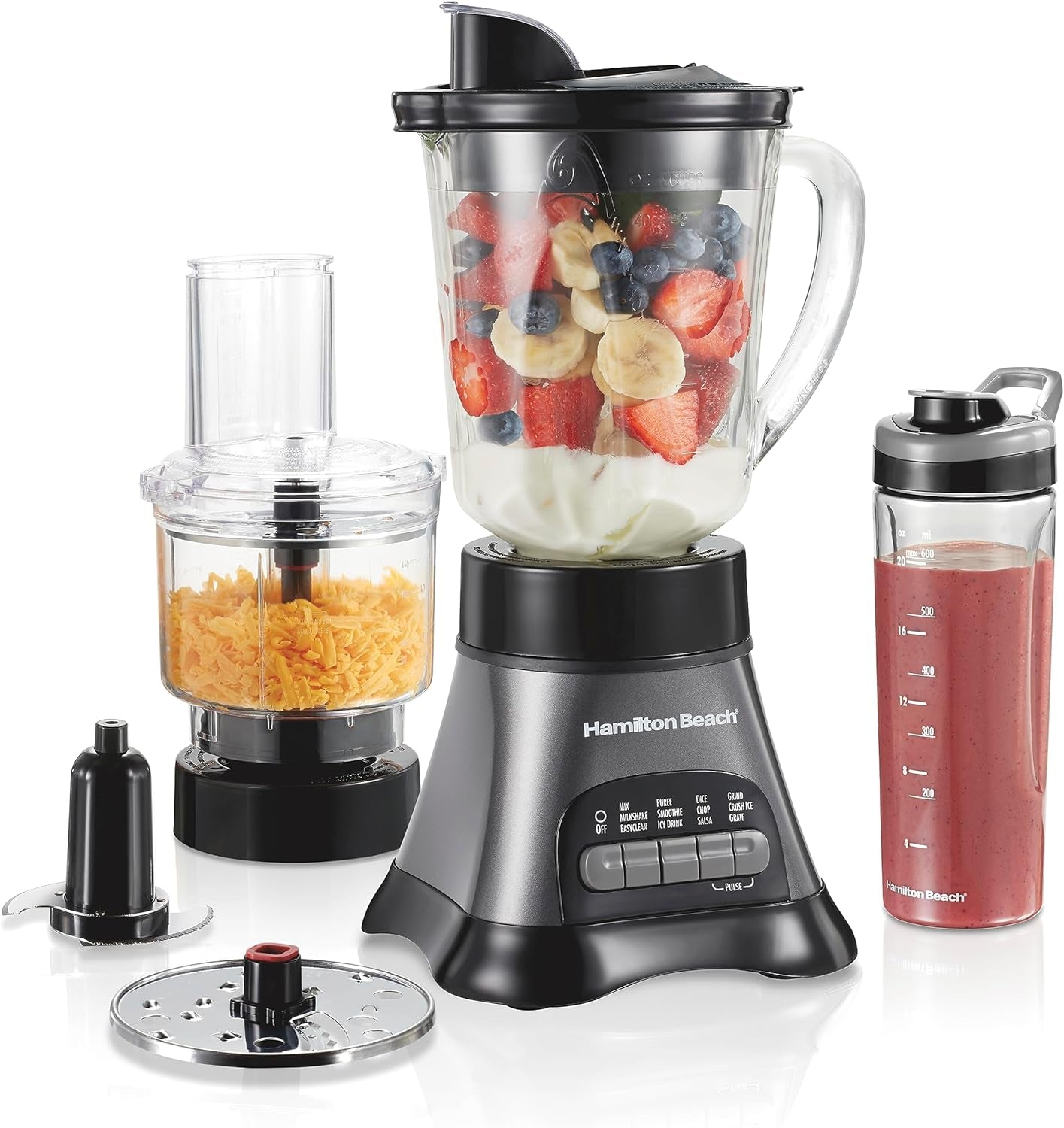 Blender for Shakes and Smoothies & Food Processor Combo, with 40Oz Glass Jar, Portable Blend-In Travel Cup & 3 Cup Electric Food Chopper Attachment, 700 Watts, Gray & Black (58163)