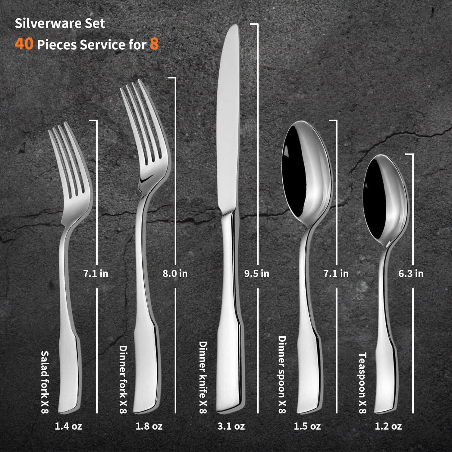 Kate 40-Piece Silverware Set,Service for 8,Stainless Steel Flatware Set,Mirror Polished Cutlery Set,Dishwasher Safe