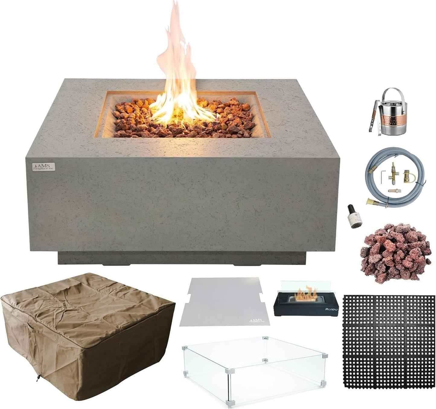 AMS Fireplace | Brooklyn 40"X40" Square Concrete Natural Gas Fire Pit Table | Dark Gray | Travertine (Coarse) Texture Surface | Outdoor Patio Heater Electronic Ignition outside Backyard Fireplace