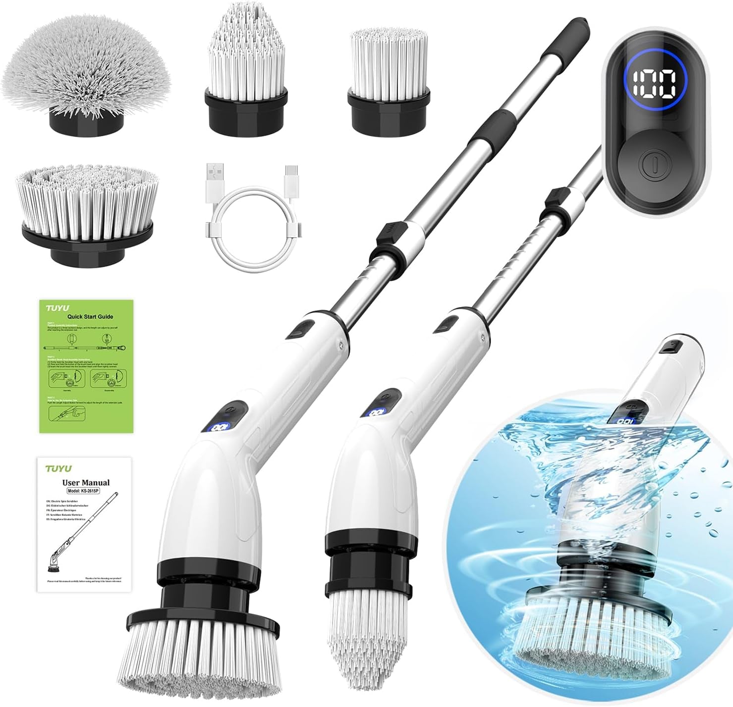 Electric Spin Scrubber, New Full-Body IPX7 Waterproof Bathroom Scrubber with Power LCD Display, Adjustable Extension Handle, Cordless Electric Cleaning Brush for Bathroom, Kitchen Cleaning