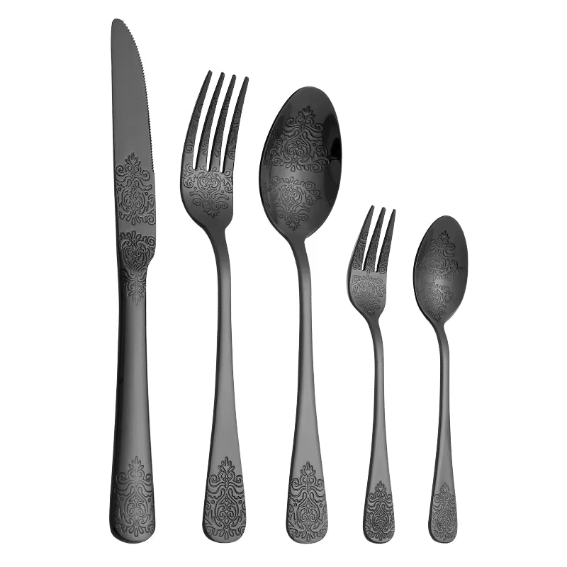 5Pcs Cutlery Set Stainless Steel Tableware Carving Golden Dinnerware Set Knife Fork Spoon Silverware Flatware Kitchen Untensils