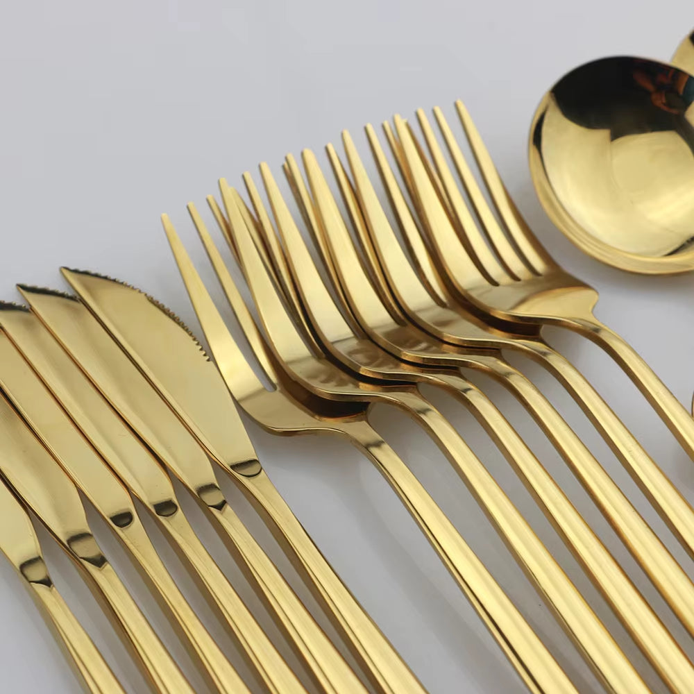 24Pcs Gold Dinnerware Set Stainless Steel Tableware Set Knife Fork Spoon Flatware Set Dishwasher Safe Silverware Cutlery Set