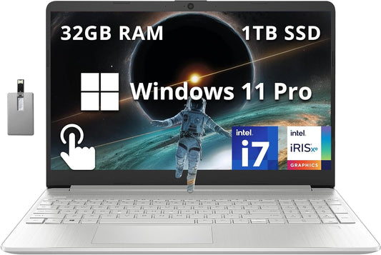 15.6" FHD Touchscreen Business Laptop, Intel I7-1255U, 32GB RAM, 1TB Pcie SSD, Intel Iris Xe Graphics, Num Pad, Webcam, Windows 11 Pro, Natural Silver, 32GB Hotface USB Card