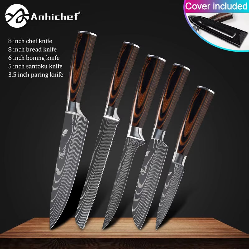 Professional Kitchen Knives Stainless Steel 7CR17 440C Laser Damascus Japanese Santoku Cleaver Slicing Utility Chef Knife Set