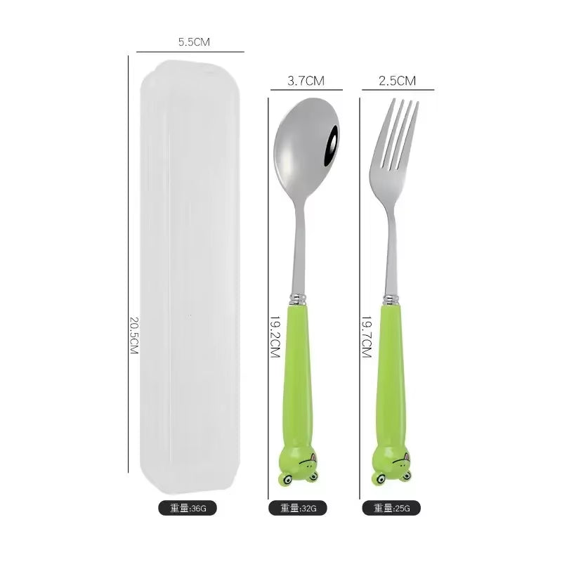 Portable Cartoon Tableware with Case Kitchen Utensils Reusable Flatware Silverware Include Fork Spoon for Children