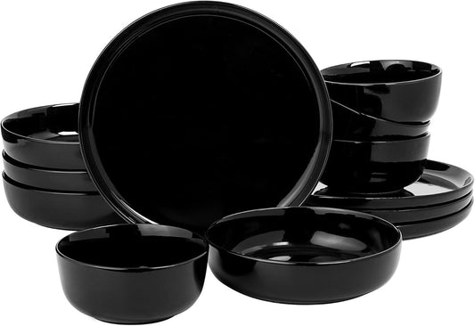 Oslo 12-Piece Porcelain Chip and Scratch Resistant Dinnerware Set, Black,Service for 4