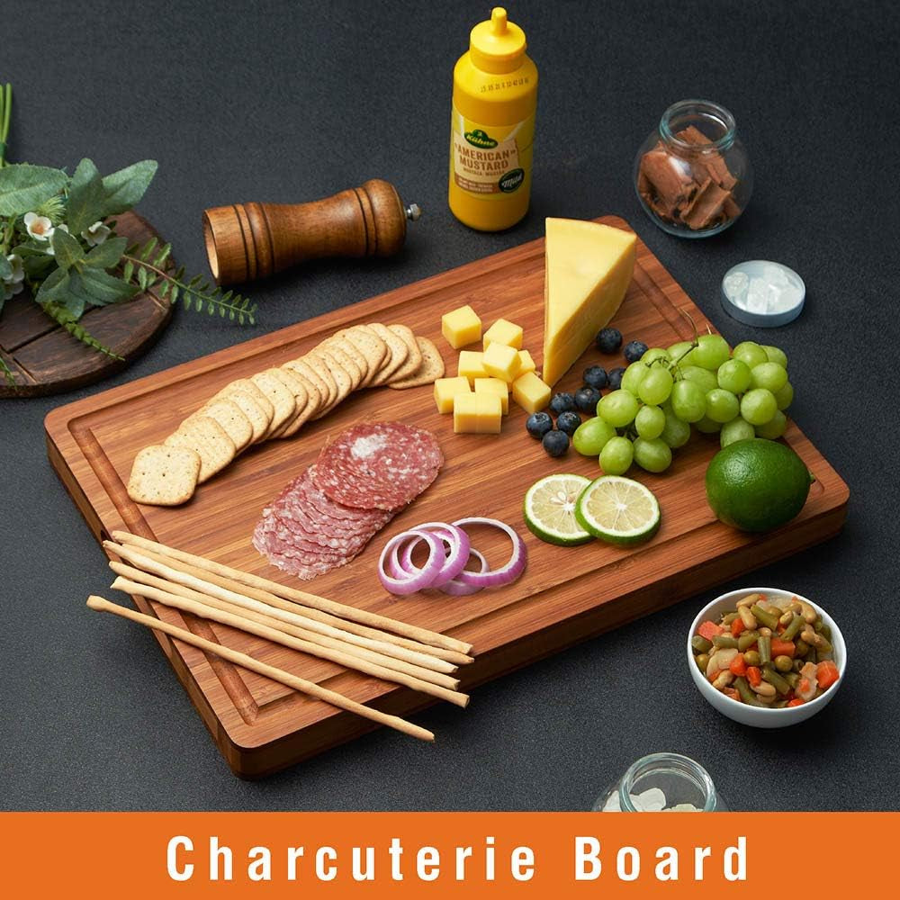 Bamboo Wood Cutting Board for Kitchen, 1" Thick Butcher Block, Cheese Charcuterie Board, with Side Handles and Juice Grooves, 16X11"