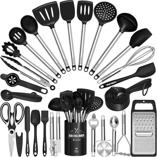 Kitchen Utensils Set- 34 Pcs Silicone Cooking Utensils Set for Nonstick Cookware-Silicone Spatulas Set, Stainless Steel Handle-Black Kitchen Gadgets Tools, Pots and Pans Accessories