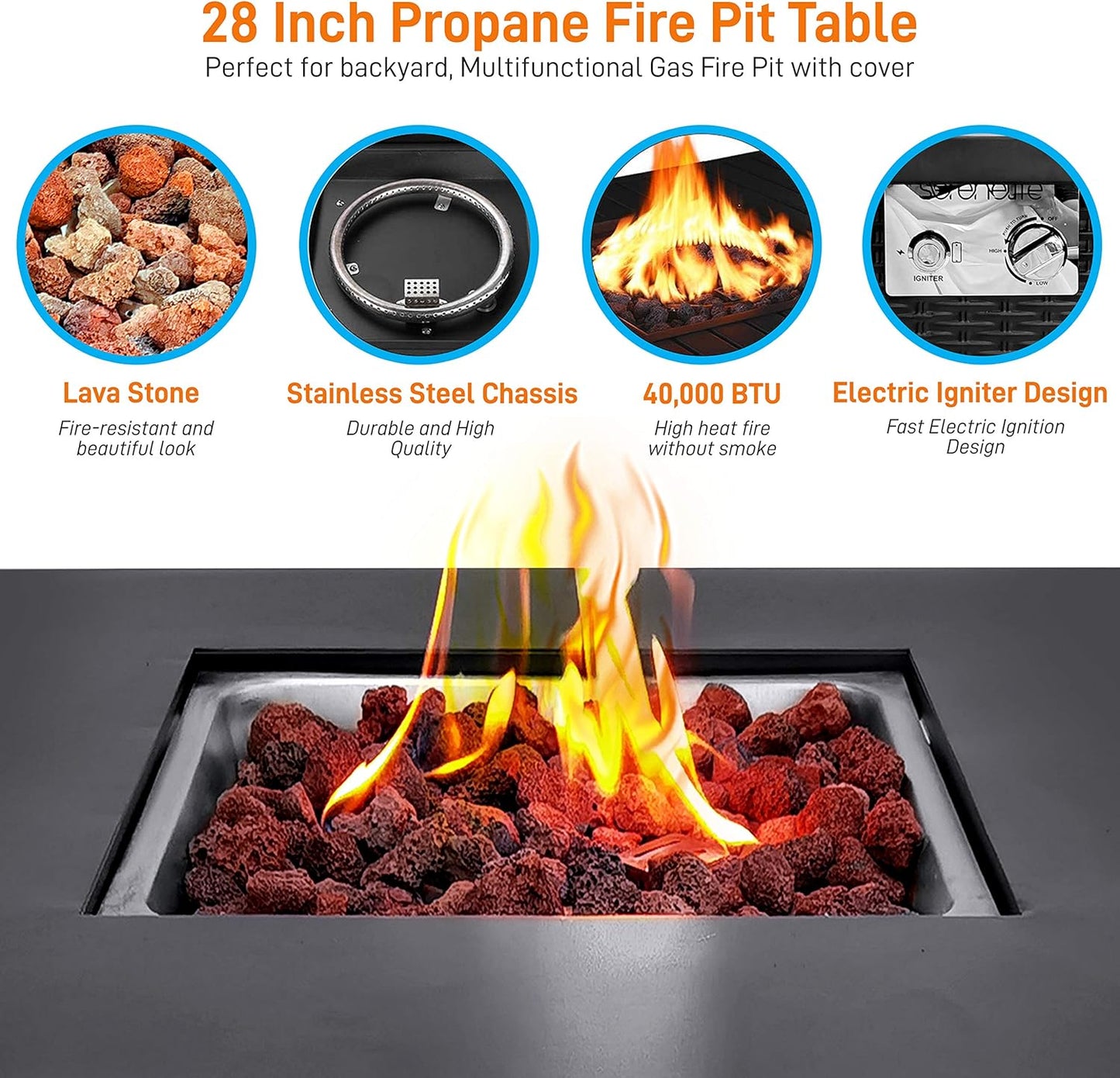 Outdoor Propane Fire Pit Table-Csa Approved Safe 40,000 BTU Pulse Ignition Propane Gas Fire Table-28 Inches-Steel Tabletop,Steel Panel