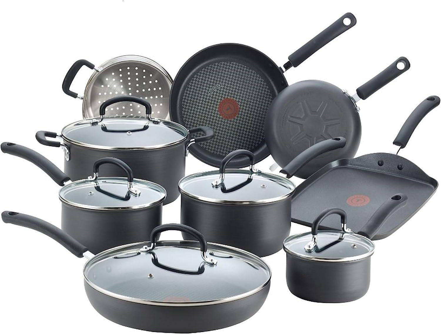 Ultimate Hard Anodized Nonstick Cookware Set 17 Piece, Oven Broiler Safe 400F, Lid Safe 350F, Kitchen Cooking Set W/ Fry Pans, Saucepans, Saute Pan, Griddle, Pots and Pans, Dishwasher Safe Black