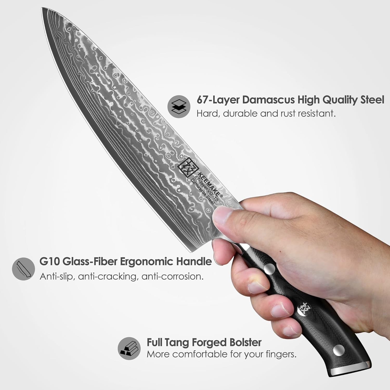 Chef Knife, 8 Inch Damascus Kitchen Knife, 67 Layers Damascus Steel Knife Japanese VG10 Core, Razor Sharp Chefs Knife with Ergonomic G10 Handle, Cooking Knife for Meat Vegetable