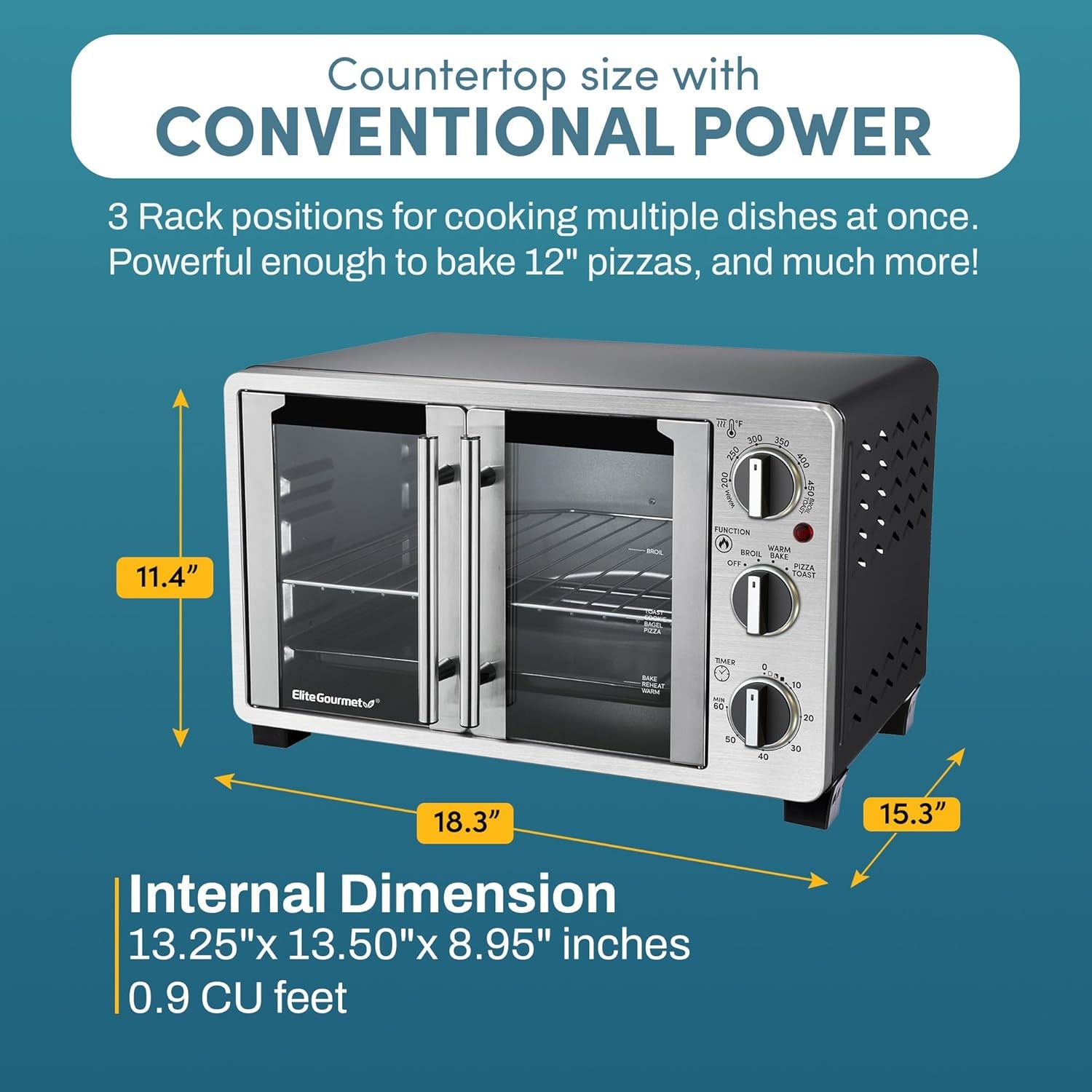 ETO2530M Double French Door Countertop Toaster Oven, Bake, Broil, Toast, Keep Warm, Fits 12" Pizza, 25L Capacity, Stainless Steel & Black