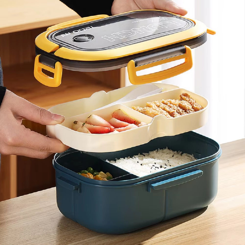 Plastic Oval Compartment Lunch Box with Multiple Layers with Fork Spoon with Handle Buckle Seal Student Office Worker Lunch