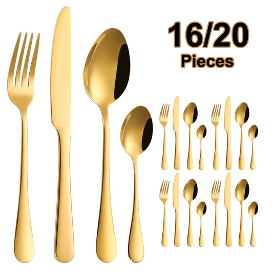 8/12/16/20Pcs Gold Cutlery Black Dinner Set Stainless Steel Tableware Mirror Western Knife Fork Spoon Sliver Kitchen Utensils