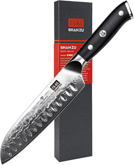 Chef Knife, Kitchen Knife SHANZU Santoku Chef'S Knife 7 Inch Multifunction Kitchen Knives Damascus Stainless Steel & Ergonomic Fiberglass G10 Handle Best Sharp High-Carbon Knives