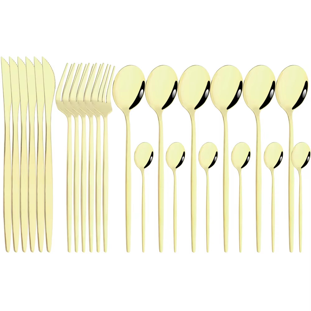 Mirror 24 Pcs Gold Cutlery Sets Kitchen Tableware Stainless Steel Knife Forks Spoons Silverware Home Flatware Set Dinnerware Set