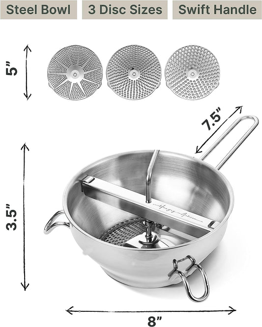 Ergonomic Food Mill Stainless Steel with 3 Grinding Discs - Rotary Food Mill for Tomato Sauce, Applesauce, Puree, Mashed Potatoes, Jams, Baby Food