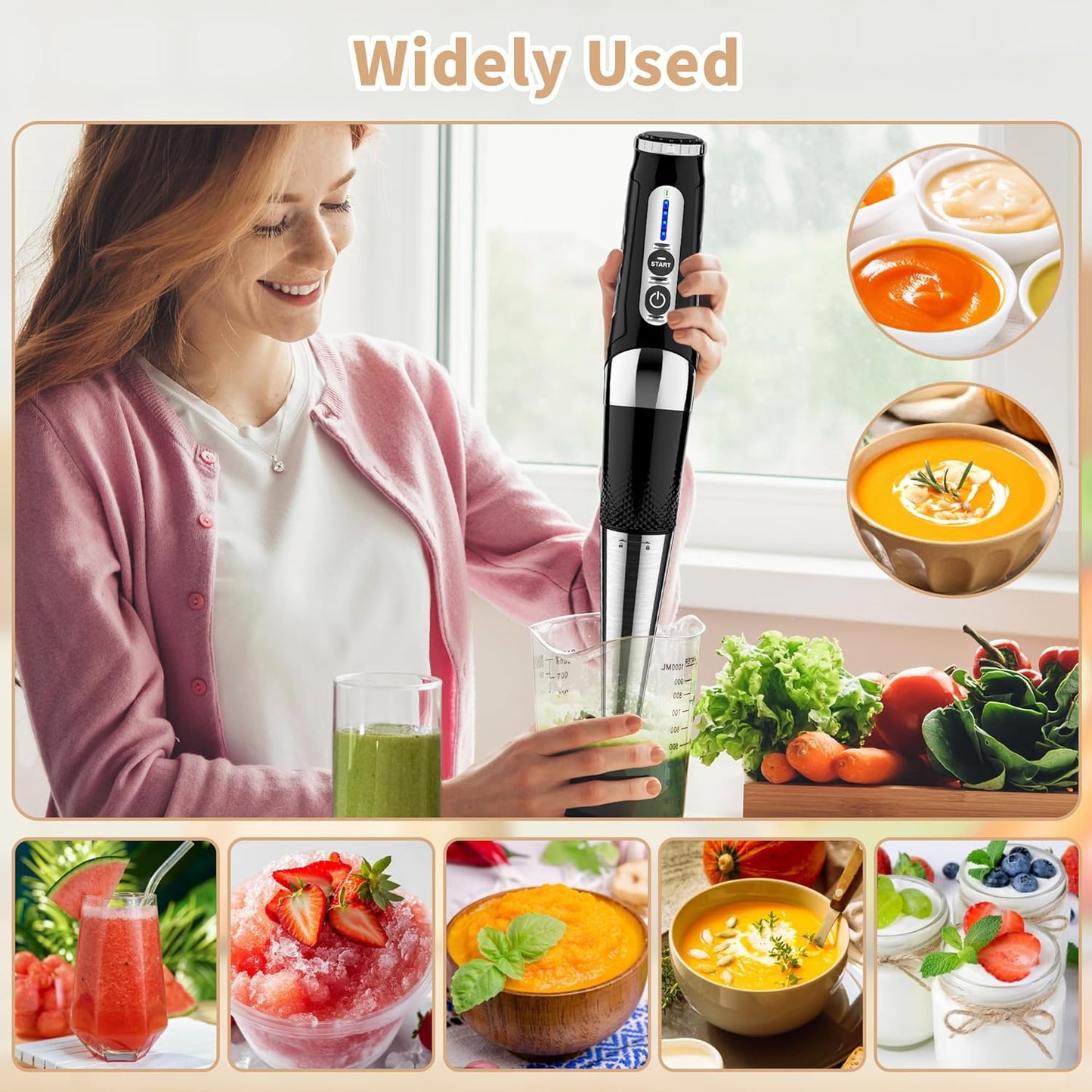 Cordless Immersion Blender Handheld: Powerful Rechargeable Electric Hand Blender, 21-Speed & 3-Angle Adjustable with Stainless Steel Blades for Milkshakes, Smoothies, Soup, Puree, Baby Food (Black)