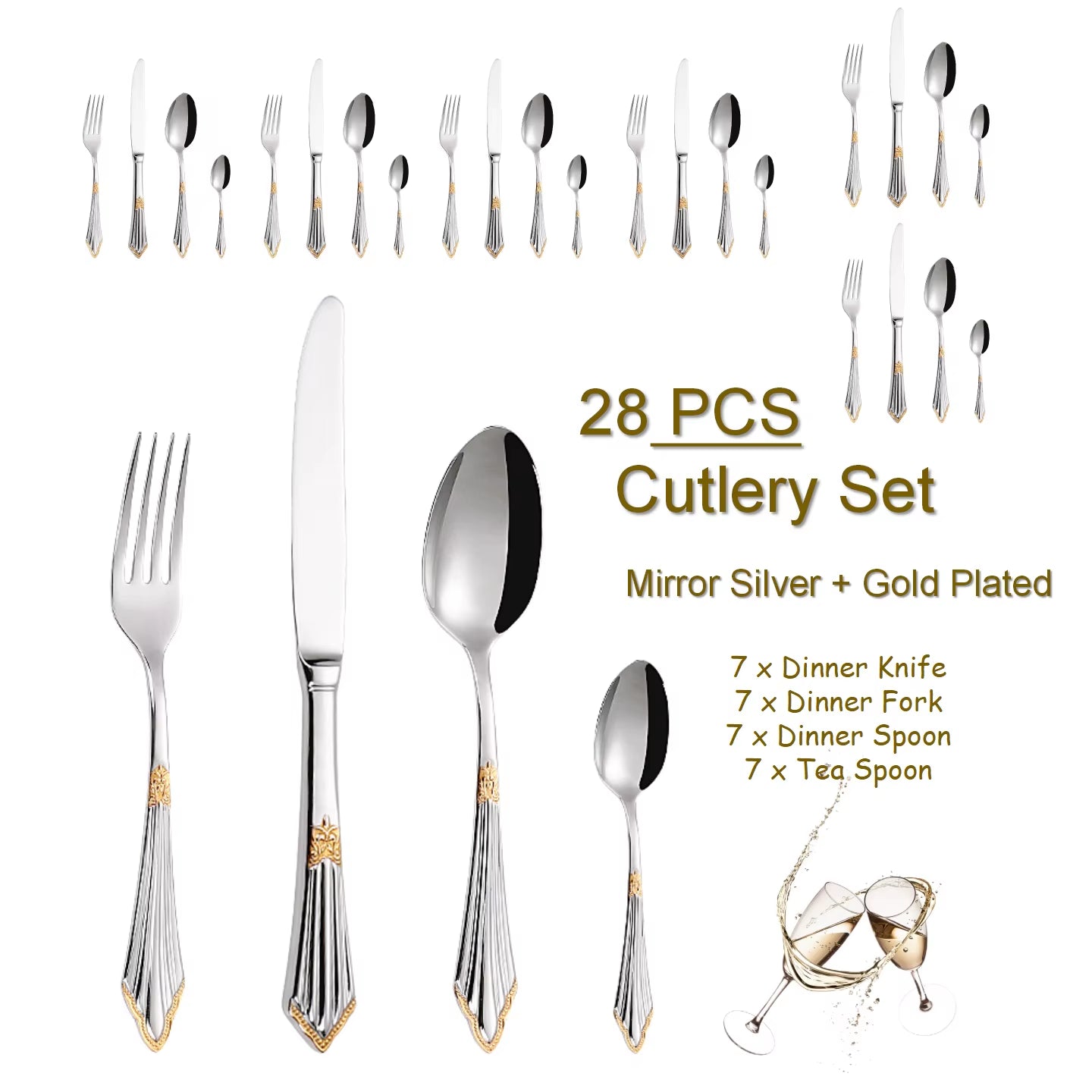 4/8/12/16/20/24/28 PCS Luxury Gold Plated Flatware Set Dishwasher Safe Cutlery Antique Silverware with Hollow Handle Table Knife