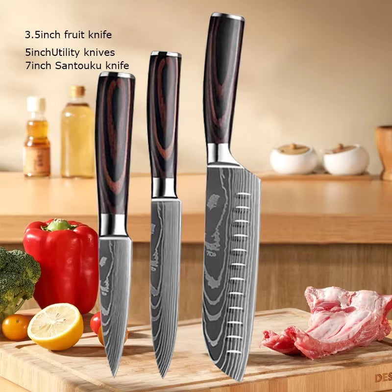 Damascus Chef'S Knife Kitchen Knives Set Professional Boning Knife Meat Cleaver Utility Knife Japanese Santoku Knife with Cover