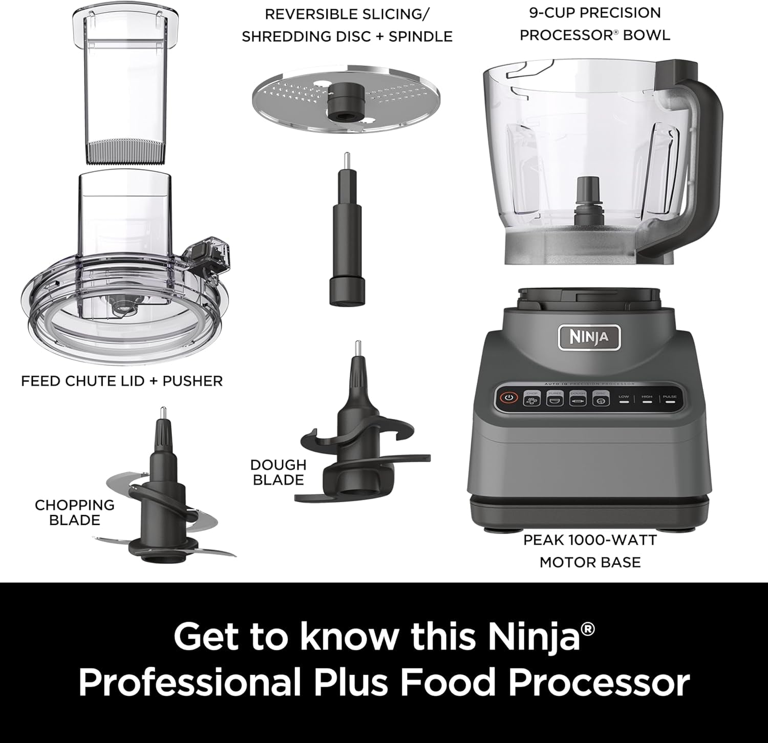 Food Processor, Professional Plus, 1000 Peak Watts, 4 Functions for Chopping, Slicing, Purees & Dough with 9-Cup Processor Bowl, 3 Blades, Food Chute & Pusher, Silver, BN601