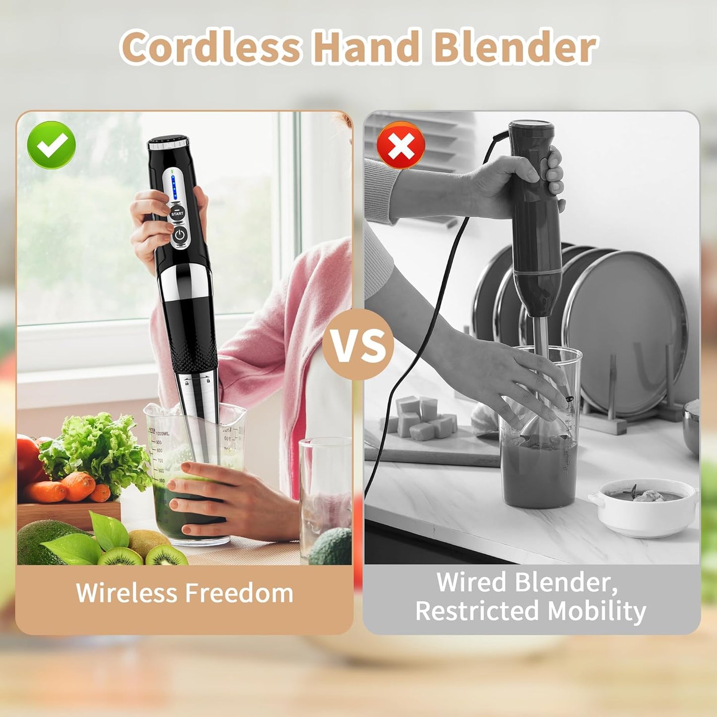 Cordless Immersion Blender Handheld: Powerful Rechargeable Electric Hand Blender, 21-Speed & 3-Angle Adjustable with Stainless Steel Blades for Milkshakes, Smoothies, Soup, Puree, Baby Food (Black)