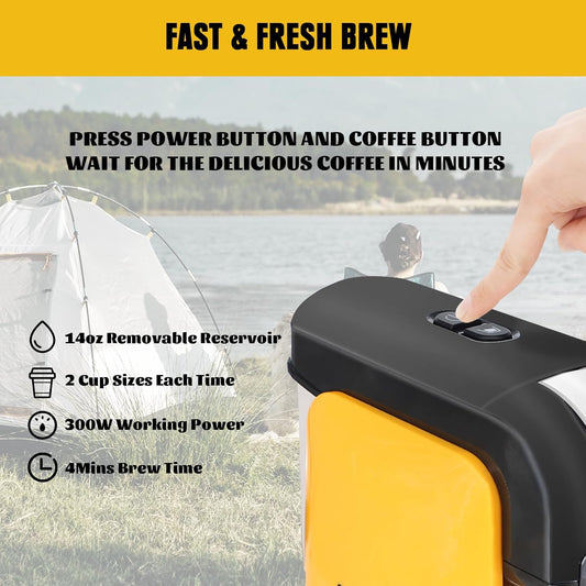 Single Serve Coffee Maker Compatible with Dewalt 20V Max Battery, One-Button Operation & Auto Shut-Off Coffee Machine for K-Cup & Ground, with 14.5OZ Reservoir for Home/Outdoor/Rv (Tool Only)