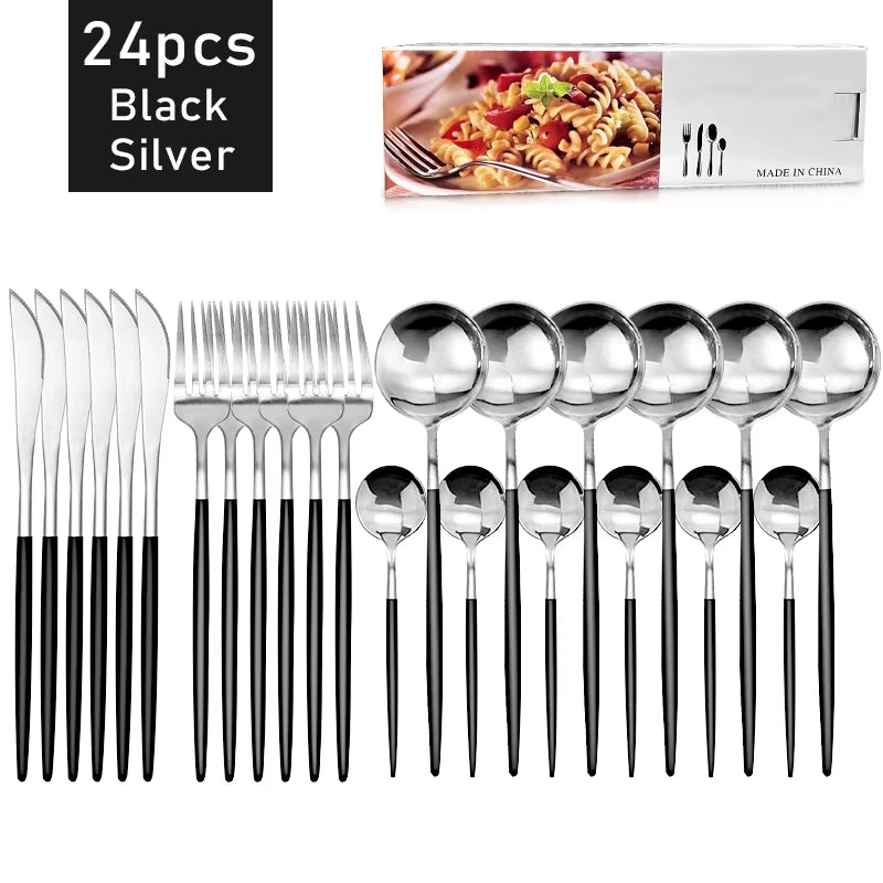 24Pcs Black Western Dinnerware Set Stainless Steel Cutlery Set Fork Knife Spoon Tableware Set Flatware Set Silverware Set