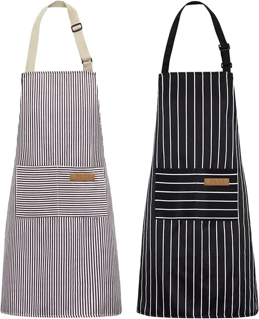 2 Pack Kitchen Cooking Aprons, Adjustable Bib Soft Chef Apron with 2 Pockets for Men Women(Black/Brown Stripes)