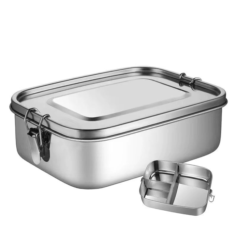 304 Stainless Steel Square Lunch Box Sealed Insulation Bento Box Student Lunch Box Canteen Large Capacity Compartment Lunch Box