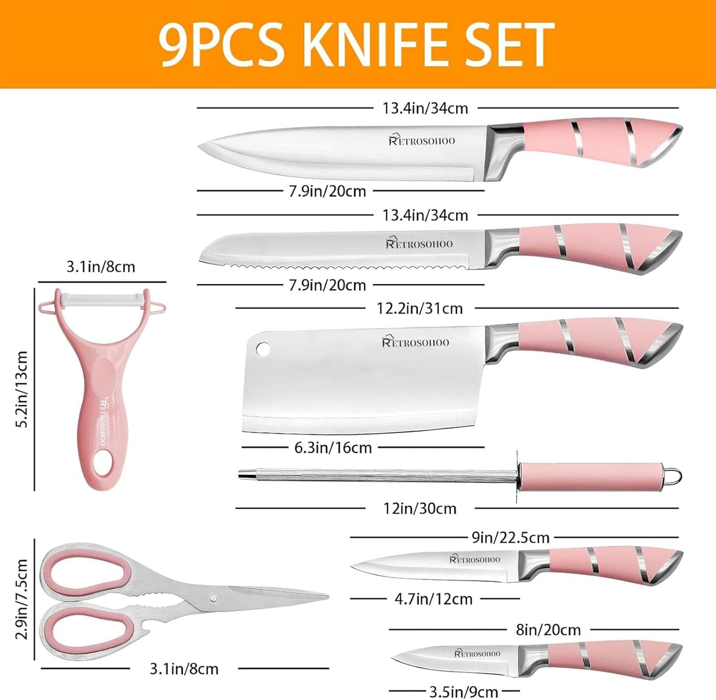 Kitchen Knife Set,  9-Pieces Pink Sharp Non-Stick Coated Chef Knives Block Set,Stainless Steel Knife Set for Kitchen with Sharpener for Cutting Slicing Dicing Chopping (Pink)