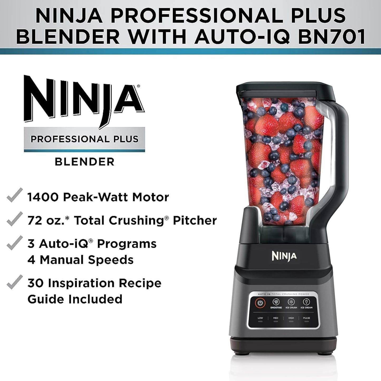 BN701 Professional plus Blender, 1400 Peak Watts, 3 Functions for Smoothies, Frozen Drinks & Ice Cream with Auto IQ, 72-Oz.* Total Crushing Pitcher & Lid, Dark Grey