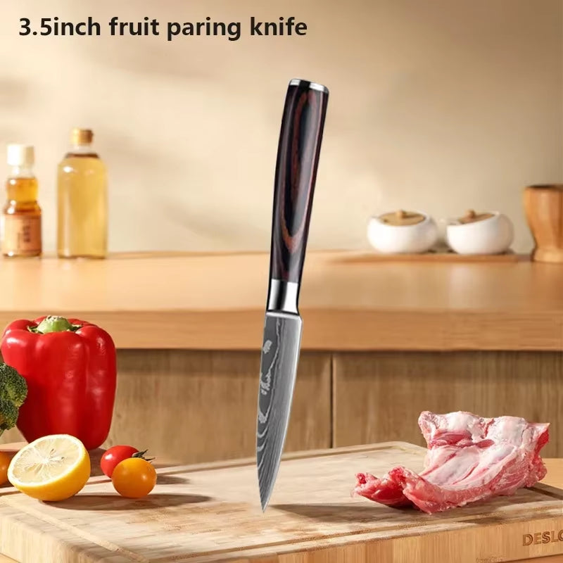 Damascus Chef'S Knife Kitchen Knives Set Professional Boning Knife Meat Cleaver Utility Knife Japanese Santoku Knife with Cover