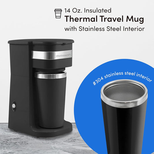 EHC111A Personal Single-Serve Compact Coffee Maker Brewer Includes 14Oz. Stainless Steel Interior Thermal Travel Mug, Compatible with Coffee Grounds, Reusable Filter, Black