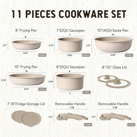 Pots and Pans Set, Nonstick Cookware Set Detachable Handle, 11Pcs Kitchen Cookware Sets Non Stick with Removable Handle, Induction RV Cookware Set, Oven Safe, Taupe