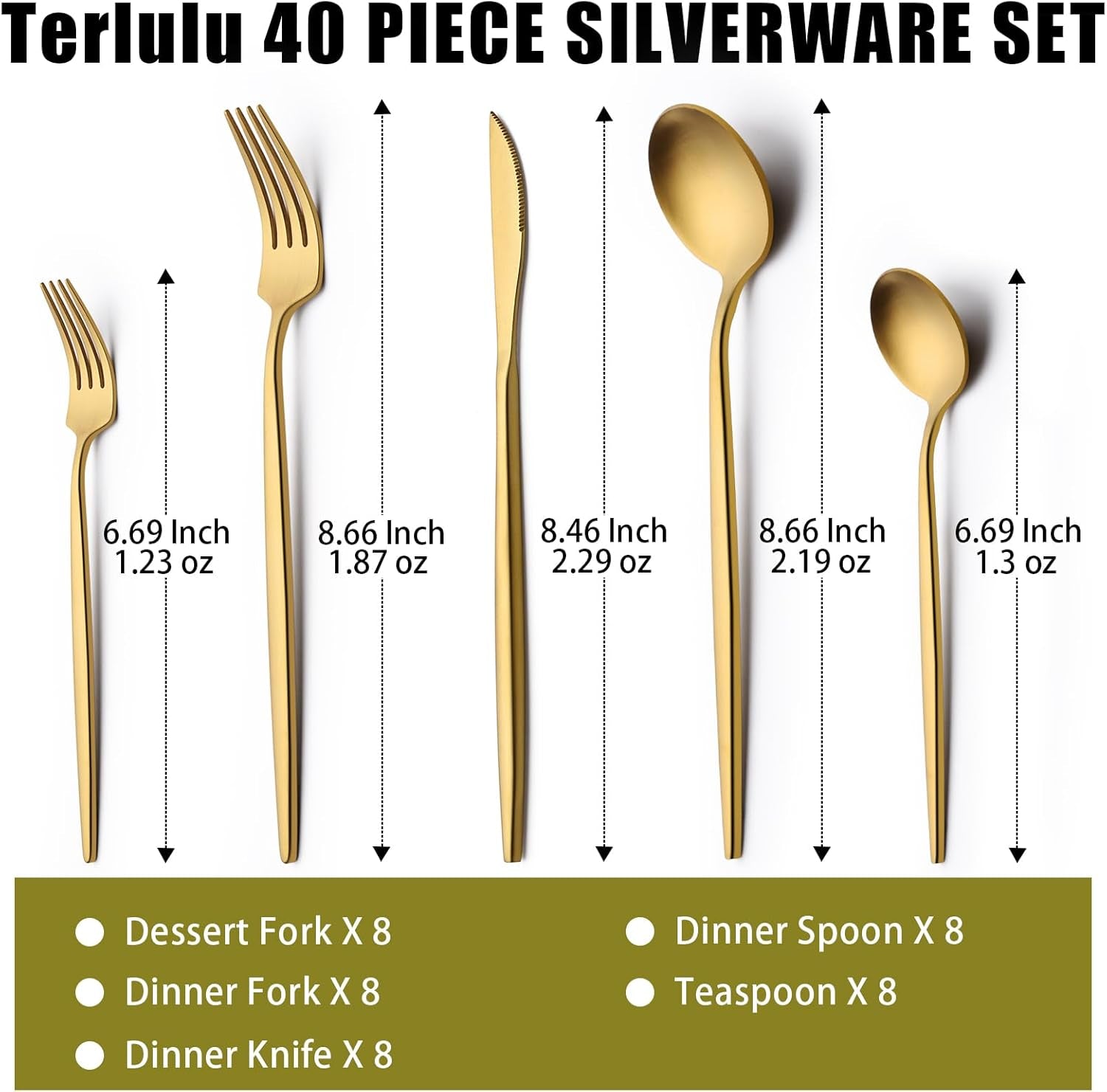 40 Piece Gold Silverware Set for 8,  Stainless Steel Flatware Set, Gold Cutlery Set Utensils Set, Tableware Include Forks Knives Spoons for Home Kitchen Restaurant Wedding, Satin Finish