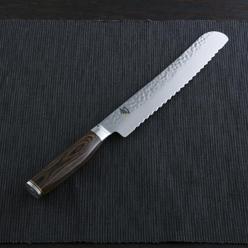 Premier 9" Bread Knife, Handcrafted Japanese Serrated Knife, VG-MAX Core with Damascus Stainless Steel Cladding, Pakkawood Handle, Slicing Knife for Professional and Home Chefs