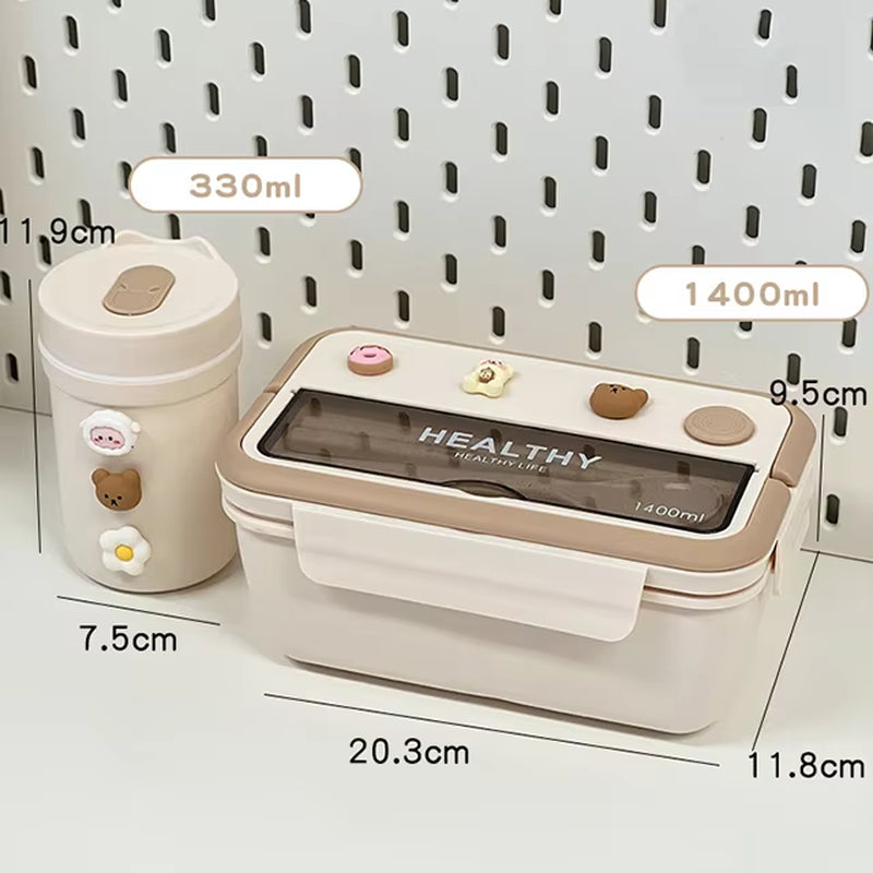 Simple Cute Portable Lunch Box with Compartment for Girls School Kids Plastic Picnic Bento Box Microwave Food Storage Containers