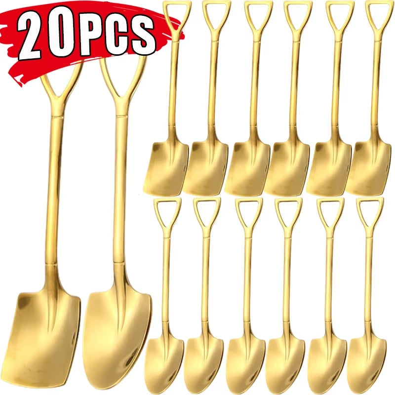 Stainless Steel Shovel Spoons Gold Silver Mini Coffee Teaspoon Fruit Ice Cream Dessert Spoon Scoops Kitchen Tableware Set 20/2Pc