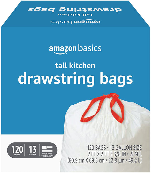 Tall Kitchen Drawstring Trash Bags, 13 Gallon, 120 Count, Pack of 1