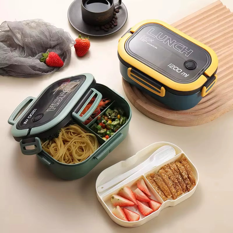 Portable Lunch Box with Fork Spoon 2 Layer Grid Leakproof Food Storage Container Box Outdoor School Kids Microwavable Bento Box