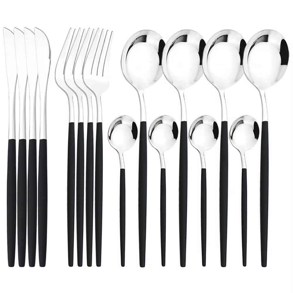 16Pcs Tableware Dinnerware Set Black Gold Cutlery Set Stainless Steel Fork Knife Teaspoon Dinner Silverware Kitchen Flatware Set