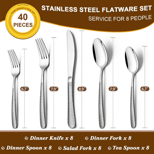 40-Piece Hammered Silverware Set,  Stainless Steel Heavy Duty Flatware Set for 8, Food-Grade Tableware Cutlery Set, Utensil Sets for Home Restaurant, Mirror Finish, Dishwasher Safe