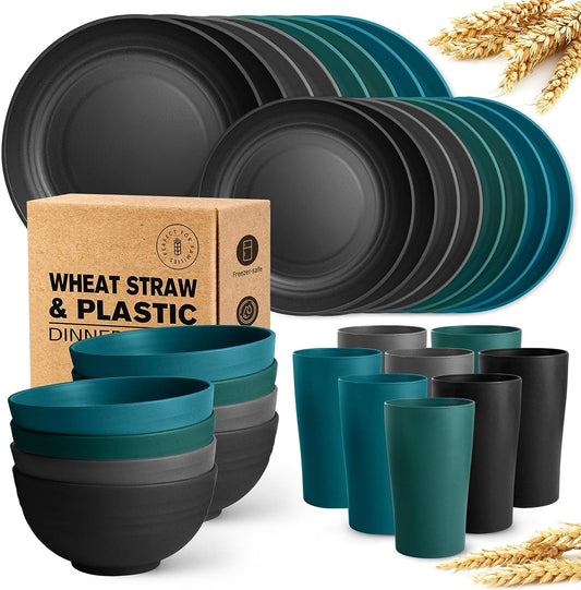 32-Piece Kitchen Plastic Wheat Straw Dinnerware Set, Service for 8, Dinner Plates, Dessert Plate, Cereal Bowls, Cups, Unbreakable Colorful Plastic Outdoor Camping Dishes, Coastal Multicolor