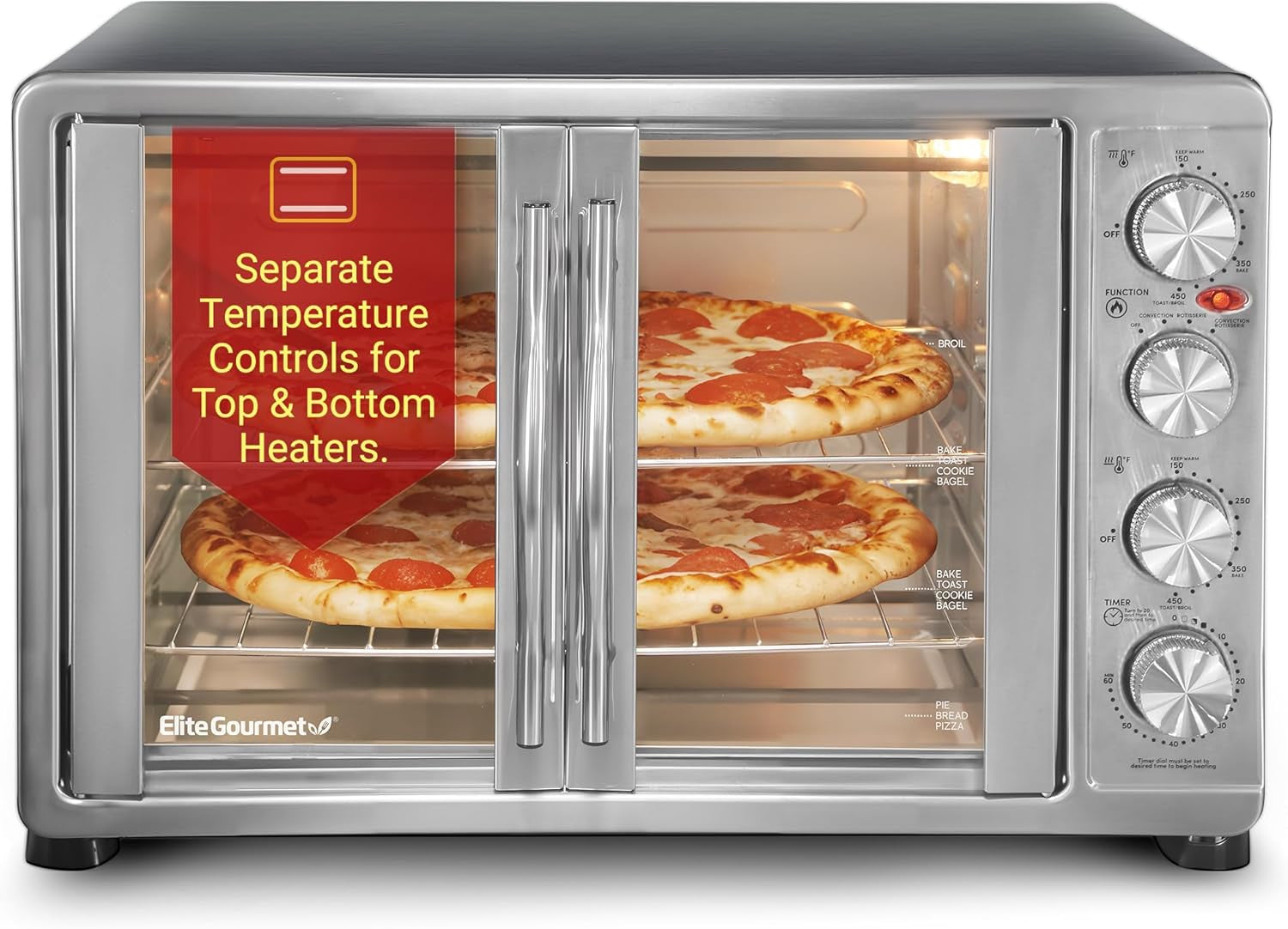 ETO-4510M French Door 47.5Qt, 18-Slice Convection Oven 4-Control Knobs, Bake Broil Toast Rotisserie Keep Warm, Includes 2 X 14" Pizza Racks, Stainless Steel